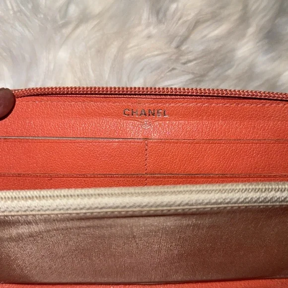 Authentic CHANEL Zip Around Long Wallet Purse Camellia Leather Orange GUC - Picture 7 of 12